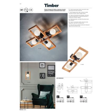 Redo 01-1665 - Chandelier on a string TIMBER 3xE27/42W/230V beech