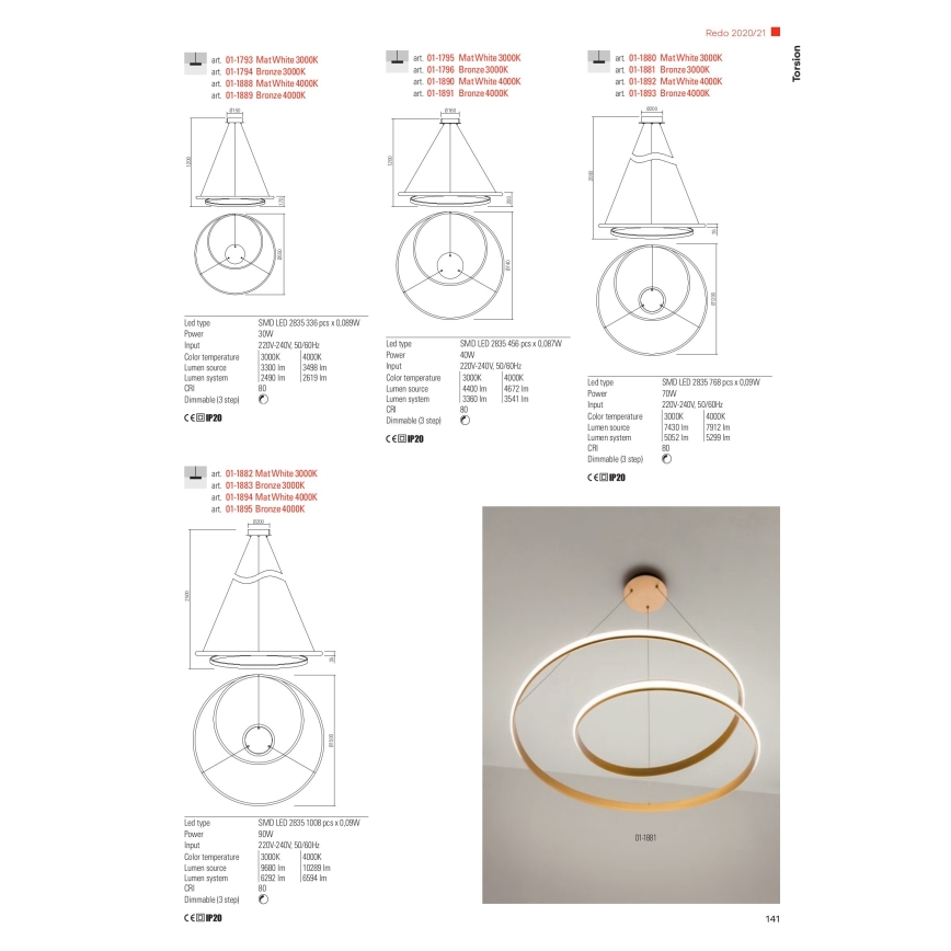 Redo 01-1796 - TORSION LED Cable-Suspended Chandelier LED/40W/230V Ø74 cm Bronze