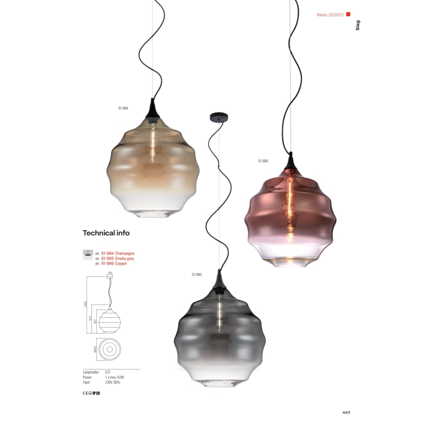 Redo 01-1846 - Chandelier on a string SLAG 1xE27/42W/230V d. 40 cm copper