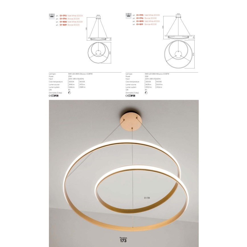 Redo 01-1890 - Dimmable LED pendant on cable TORSION LED/35W/230V 4000K Ø 75 cm white