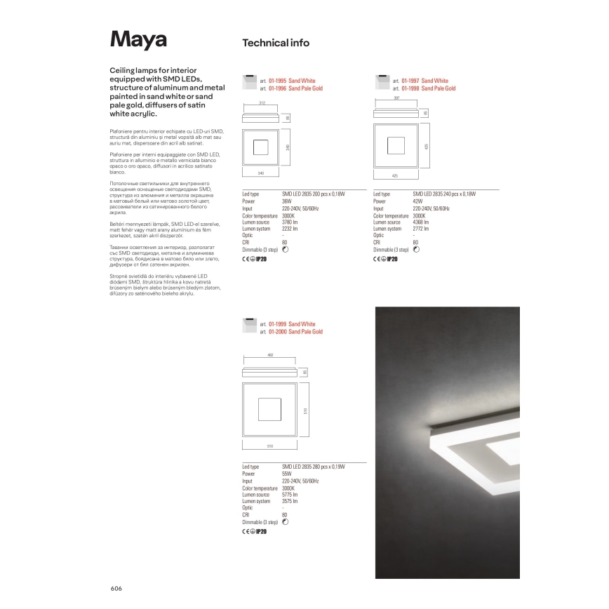 Redo 01-1998 - Dimmable MAYA LED Ceiling Light, LED/42W/230V, 42.5x42.5 cm, Gold