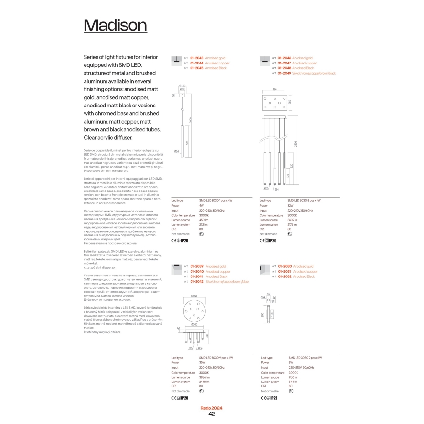 Redo 01-2044 - LED Chandelier on a string MADISON LED/4W/230V copper