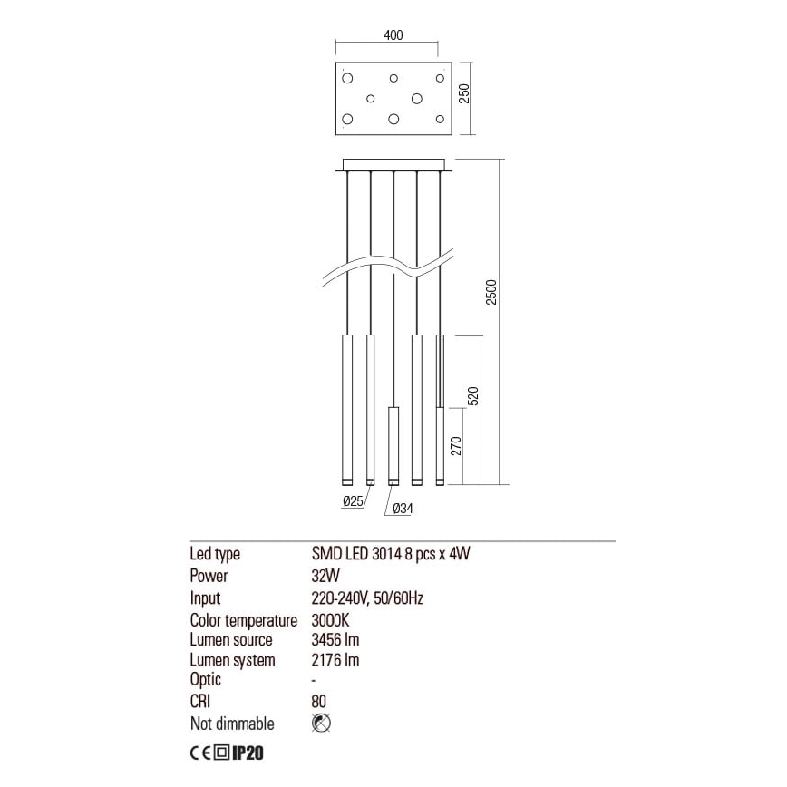 Redo 01-2049 - LED Chandelier on a string MADISON 8xLED/4W/230V shiny chrome/black/copper
