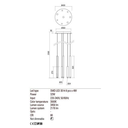 Redo 01-2053 - LED Chandelier on a string MADISON 8xLED/4W/230V shiny chrome/black/copper