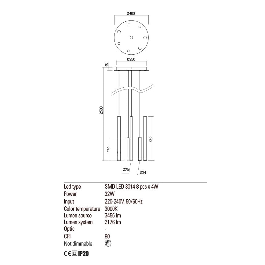 Redo 01-2053 - LED Chandelier on a string MADISON 8xLED/4W/230V shiny chrome/black/copper