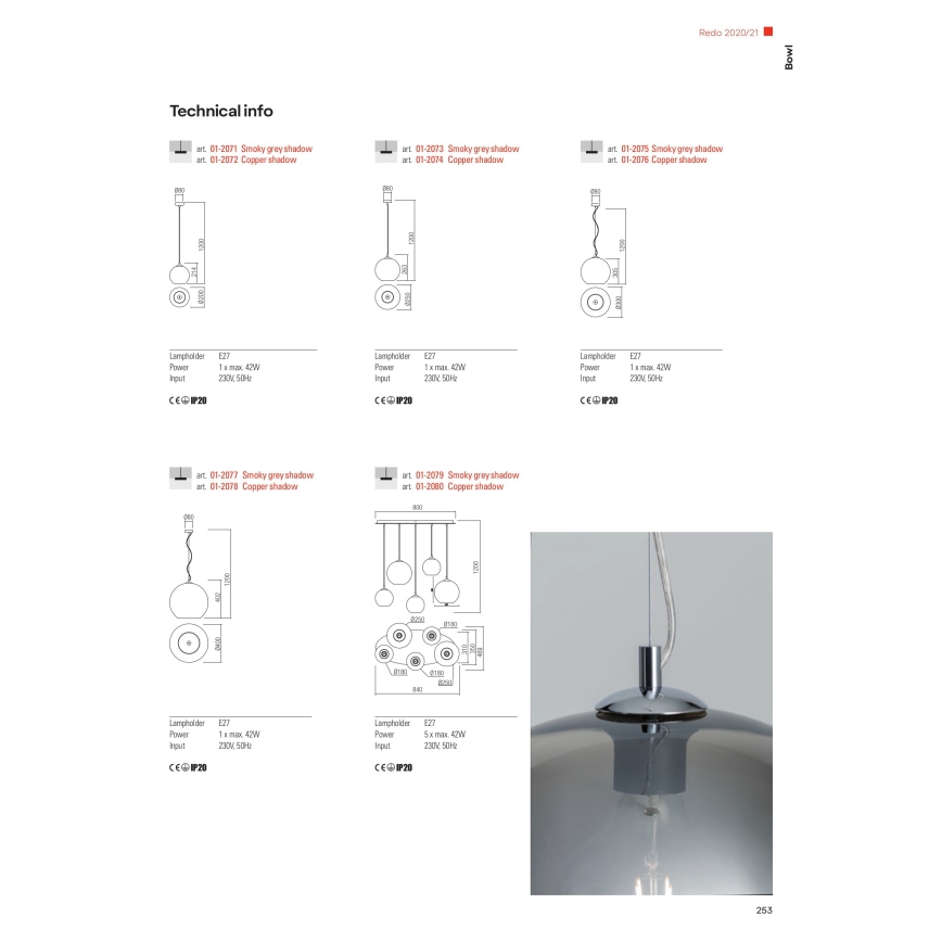 Redo 01-2080 - Chandelier on a string BOWL 5xE27/42W/230V copper