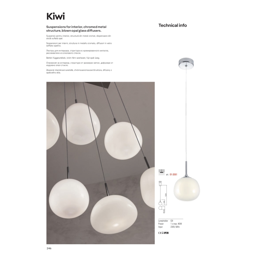 Redo 01-2081 - Cable pendant KIWI 1xG9/40W/230V Ø 12 cm polished chrome/white