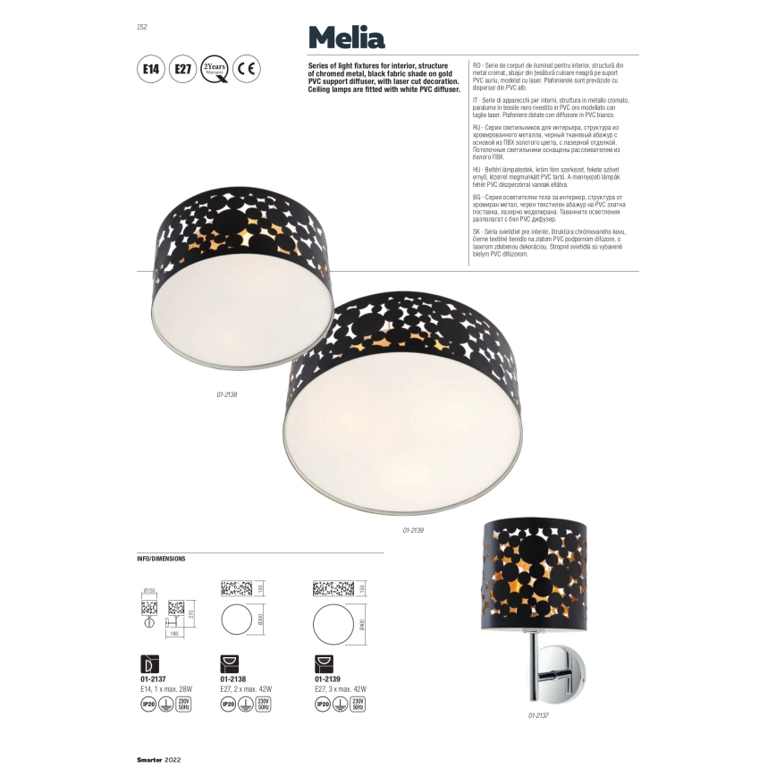 Redo 01-2138 - Ceiling light MELIA 2xE27/42W/230V d. 30 cm