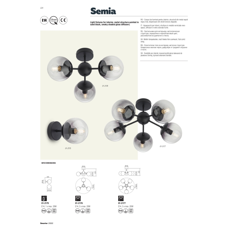 Redo 01-2175 - SEMIA Wall Light 1xE14/28W/230V Black/Smoked