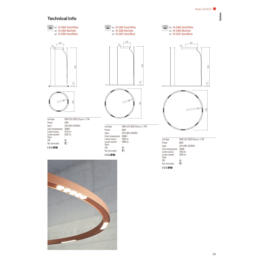 Redo 01-2202 - LED Chandelier on a string UNION LED/34W/230V CRI 90 3000K d. 60 cm white