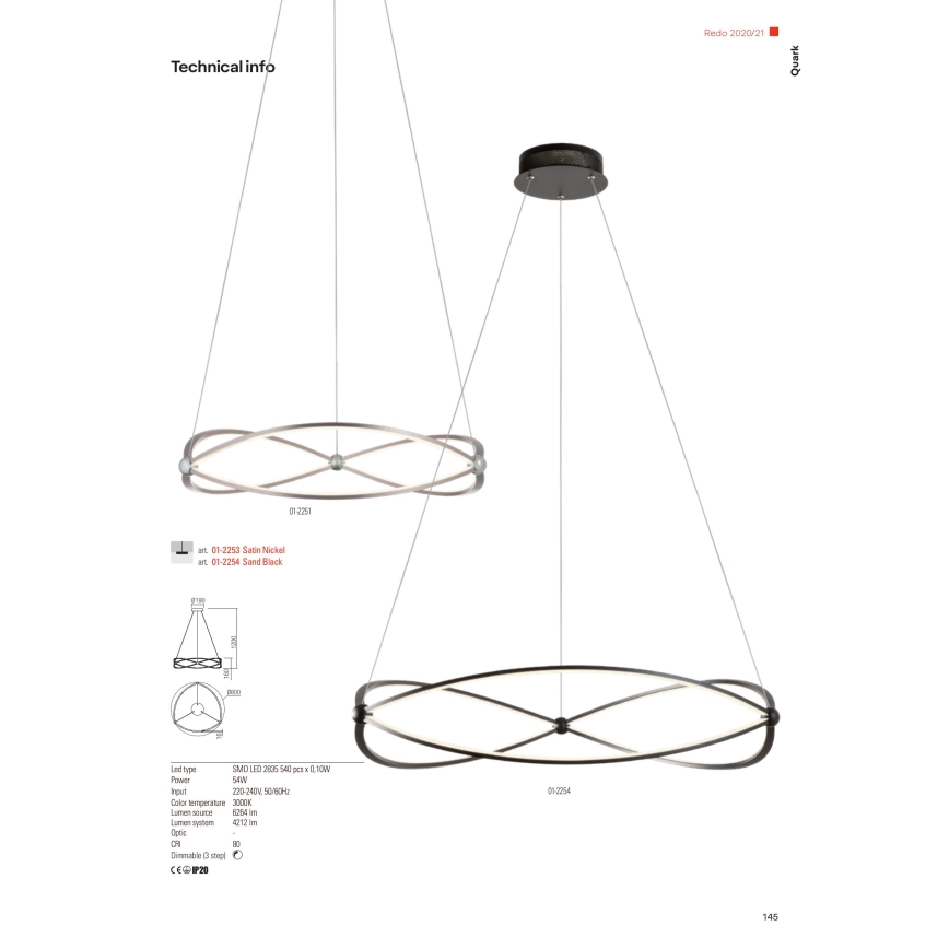 Redo 01-2251 - LED Dimmable chandelier on a string QUARK LED/43W/230V 3000K d. 60 cm matte chrome