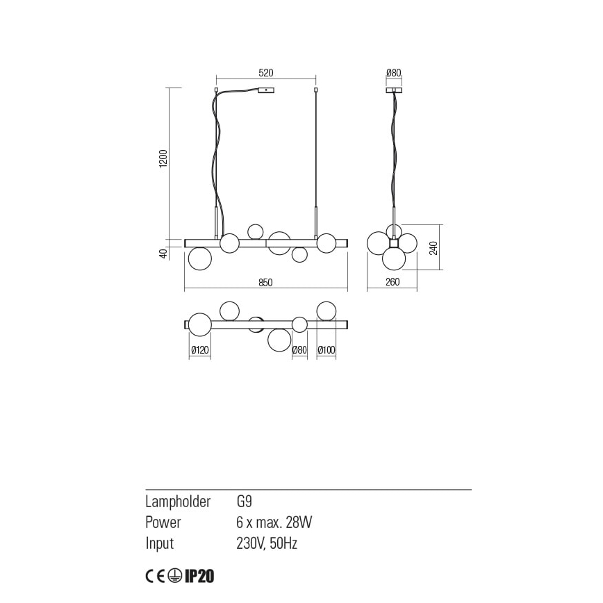 Redo 01-2375 - Chandelier on a string GOJI 6xG9/28W/230V black