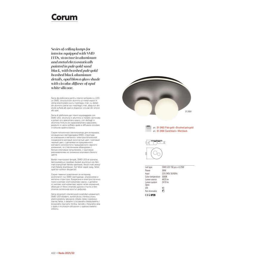 Redo 01-2466 - CORUM LED Ceiling Light, 48W, 230V, 3000K, CRI 90, Black