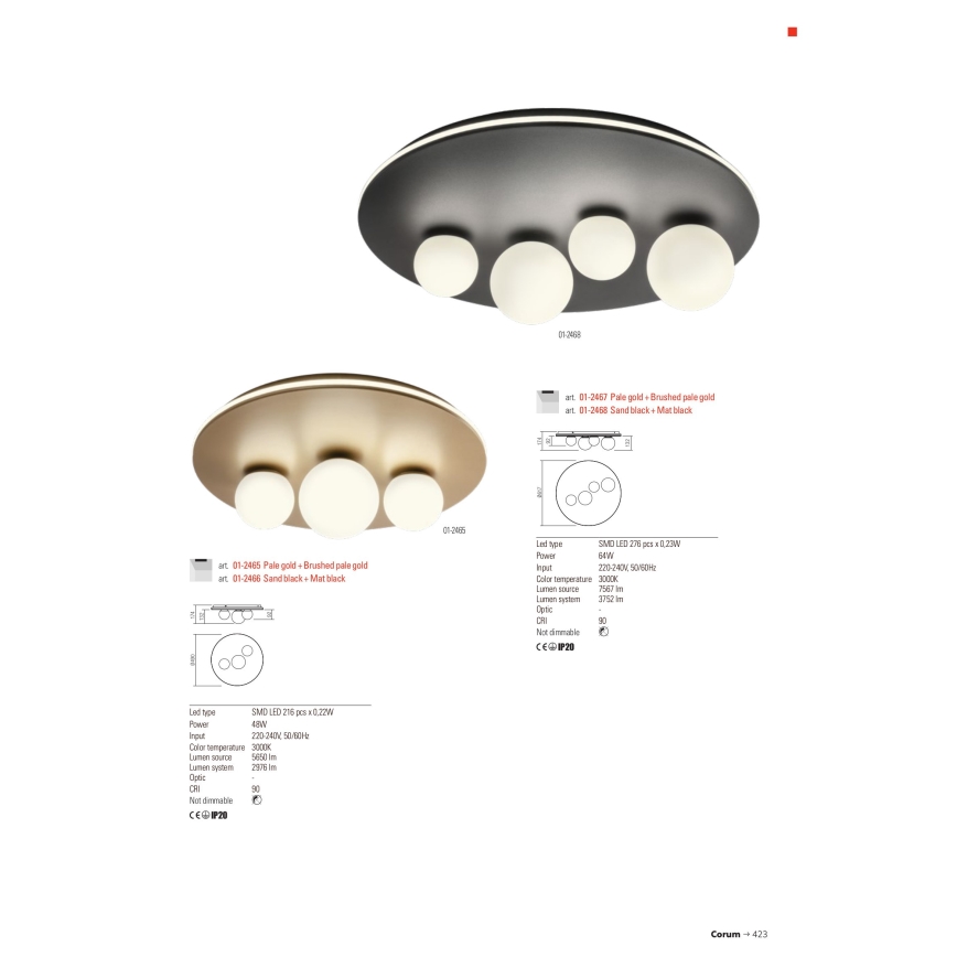 Redo 01-2466 - CORUM LED Ceiling Light, 48W, 230V, 3000K, CRI 90, Black