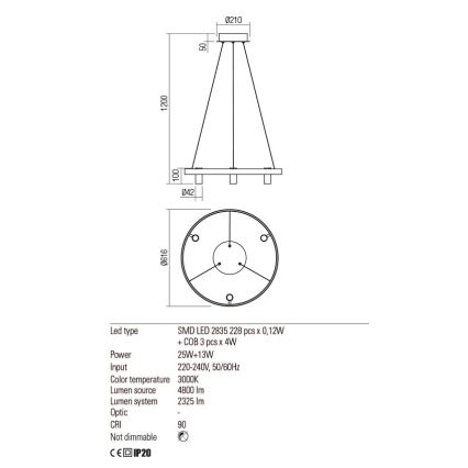 Redo 01-2490 - LED Chandelier on a string SUMMIT LED/38W/230V CRI 90 d. 61,6 cm gold