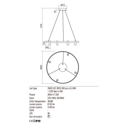 Redo 01-2492 - LED Chandelier on a string SUMMIT LED/53,5W/230V CRI 90 d. 80,8 cm gold