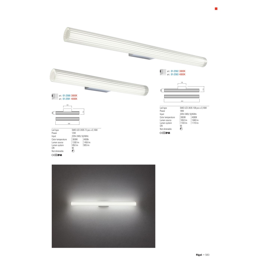 Redo 01-2592 - RIGAL LED bathroom mirror light, 18W LED, 230V, 3000K, 91 cm, CRI 90, IP44, polished chrome/white