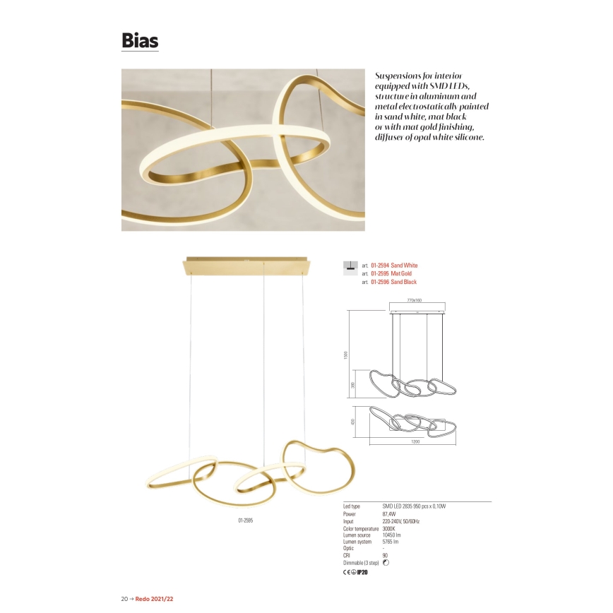 Redo 01-2597 - LED Dimmable chandelier on a string BIAS LED/108,6W/230V CRI 90 3000K white