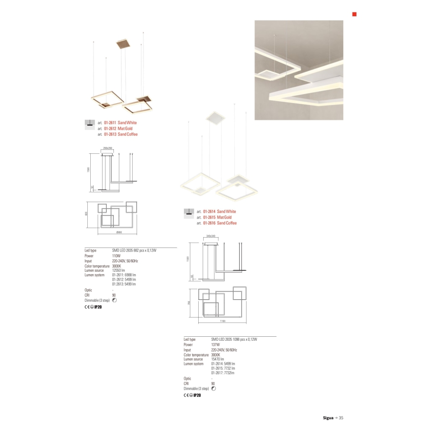 Redo 01-2614 - SIGUA Dimmable LED Cable Pendant Light, 137W, 230V, CRI 90, White