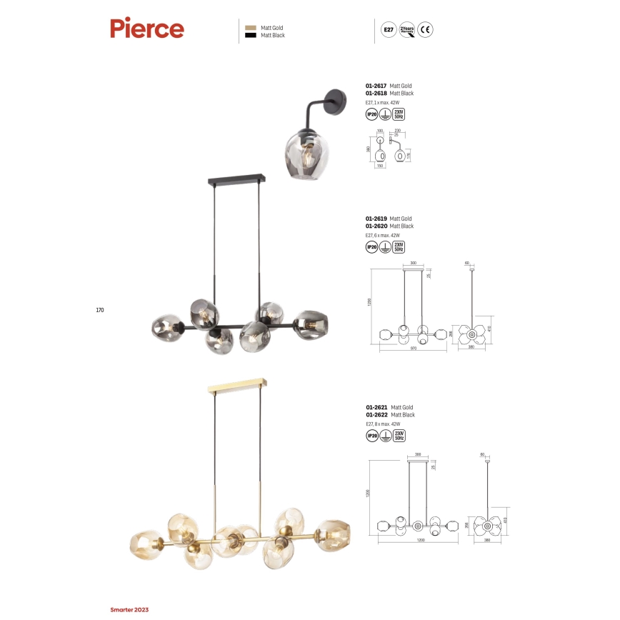 Redo 01-2619 - Chandelier on a string PIERCE 6xE27/42W/230V gold/smoky