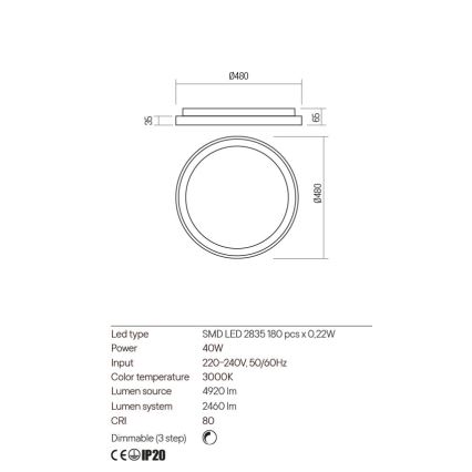 Redo 01-2668 - LED Dimmable ceiling light ICONIC LED/40W/230V d. 48 cm black
