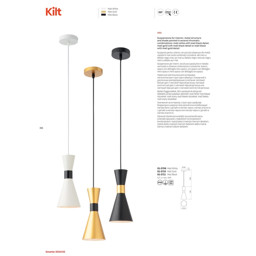 Redo 01-2710 - Chandelier on a string KILT 1xE27/42W/230V d. 12 cm gold
