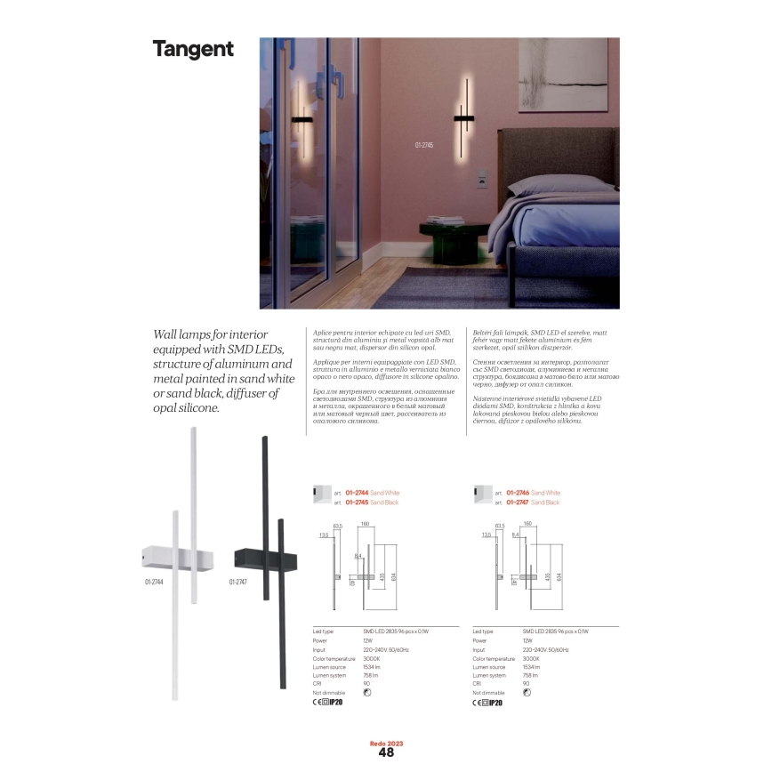 Redo 01-2747 - TANGENT LED Wall Light, 13W / 230V, 3000K, 63.4 cm, CRI 90, Black