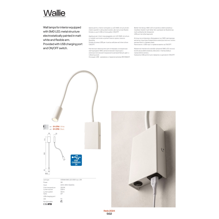 Redo 01-2754 - LED Flexible small lamp WALLIE LED/3W/230V USB CRI 90 white