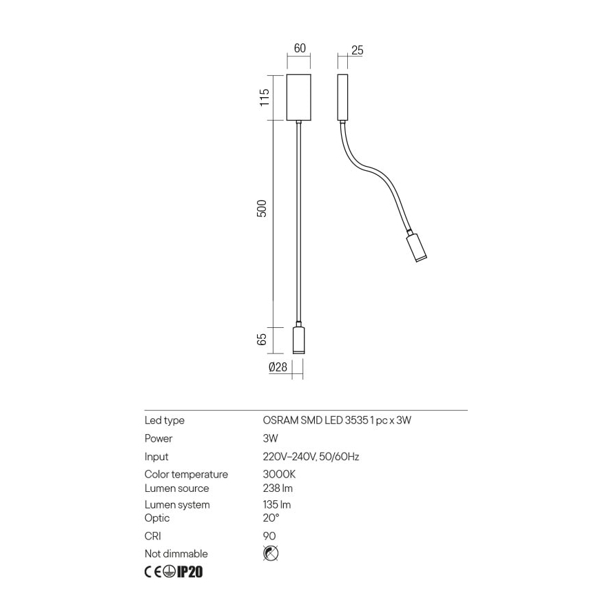 Redo 01-2755 - LED Flexible small lamp WALLIE LED/3W/230V USB CRI 90 black