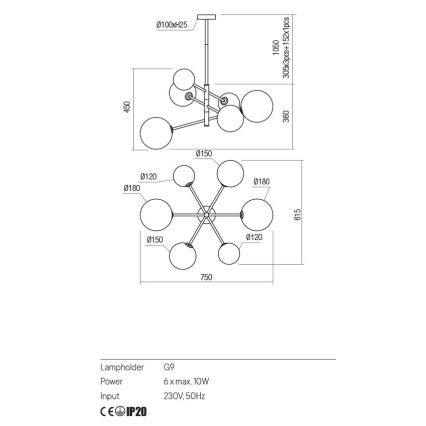 Redo 01-2780 - Chandelier on a string ROY 6xG9/10W/230V