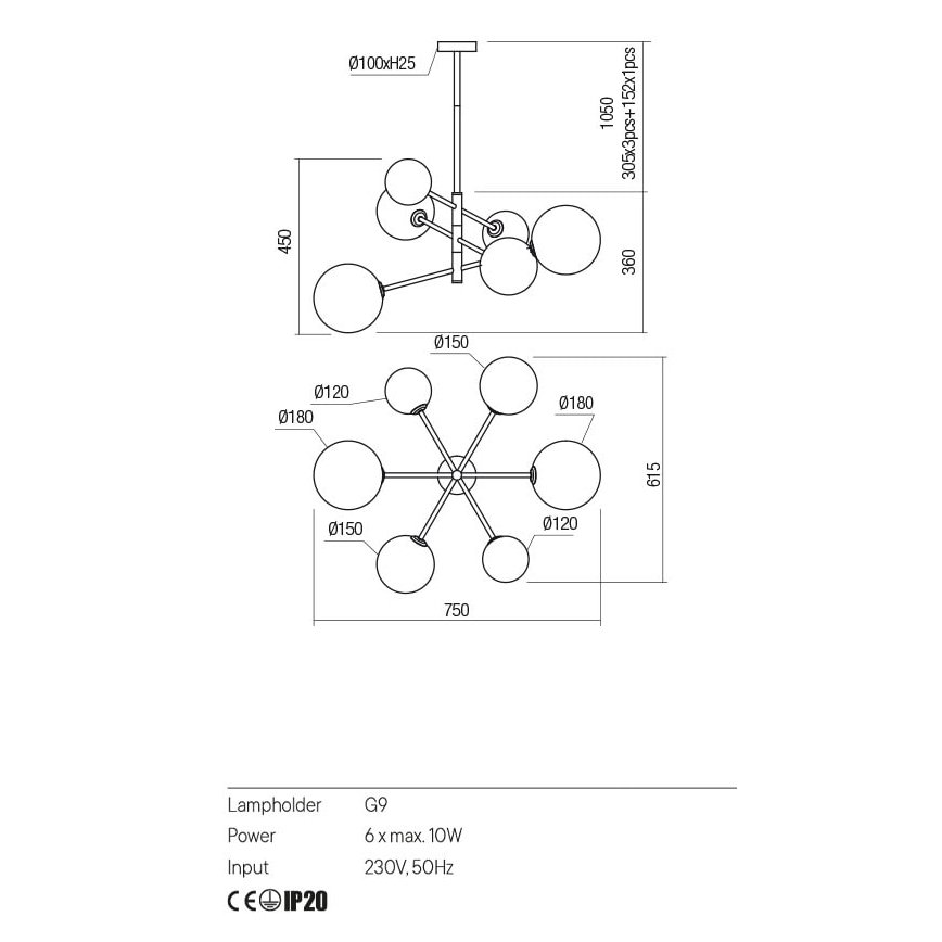 Redo 01-2780 - Chandelier on a string ROY 6xG9/10W/230V