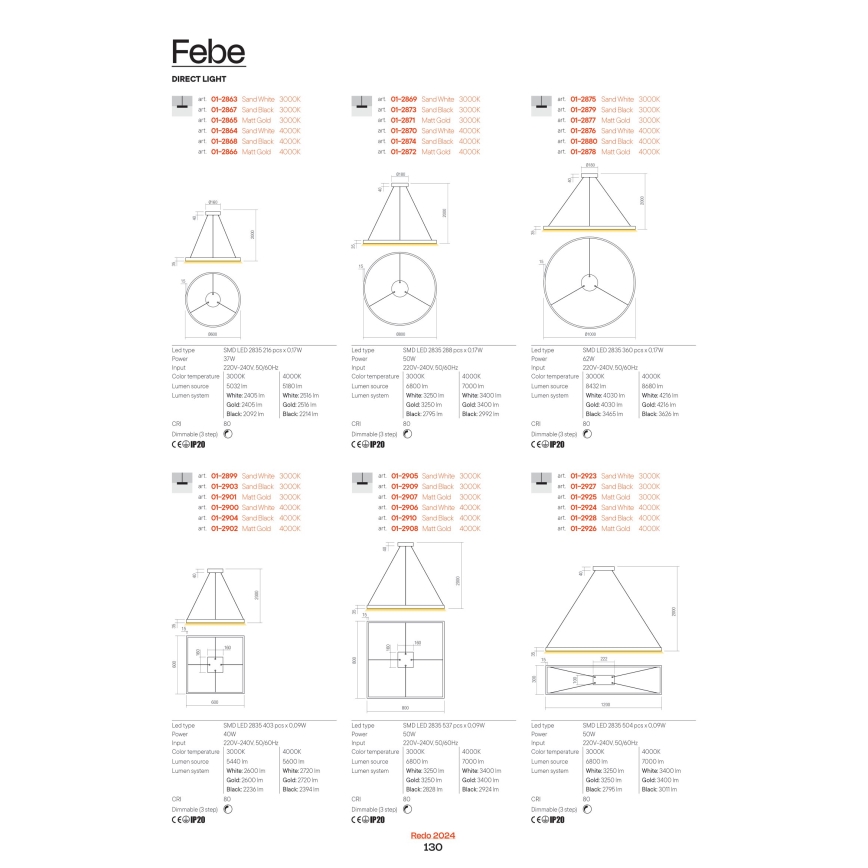 Redo 01-2865 - FEBE Dimmable cable-hung pendant LED/37W/230V Gold