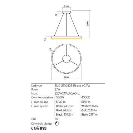Redo 01-2865 - FEBE Dimmable cable-hung pendant LED/37W/230V Gold