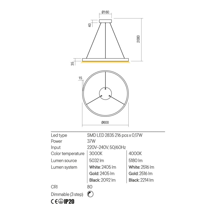 Redo 01-2865 - FEBE Dimmable cable-hung pendant LED/37W/230V Gold