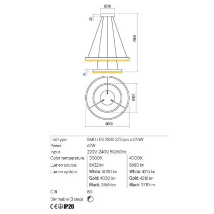 Redo 01-2889 - LED Dimmable Cable Pendant Light FEBE LED/62W/230V Gold