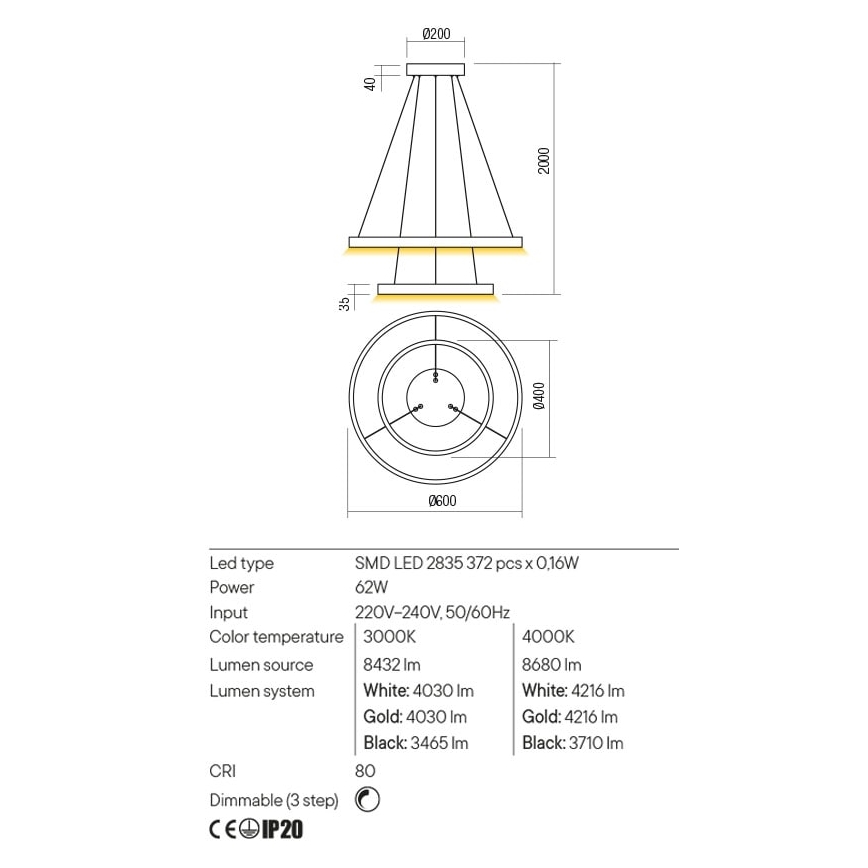 Redo 01-2889 - LED Dimmable Cable Pendant Light FEBE LED/62W/230V Gold