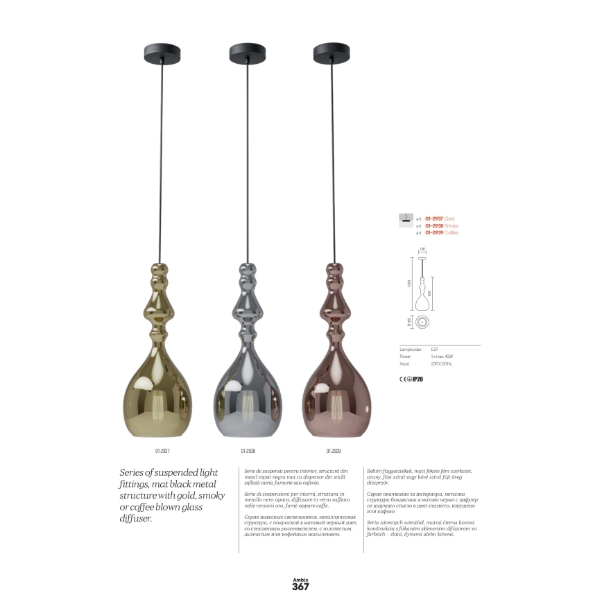 Redo 01-2939 - AMBIX cable-hung pendant light 1xE27/42W/230V, diam. 18 cm, brown