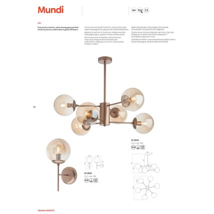 Redo 01-2943 - MUNDI Rod-Mounted Chandelier 6xE14/28W/230V Copper/Smoked