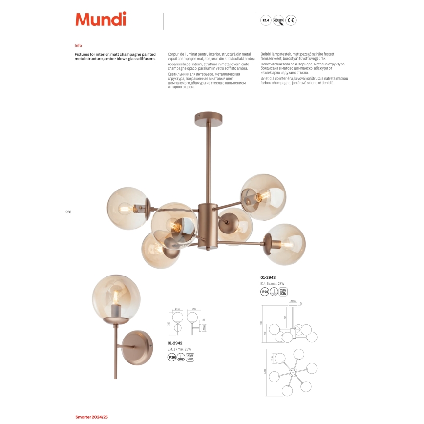 Redo 01-2943 - MUNDI Rod-Mounted Chandelier 6xE14/28W/230V Copper/Smoked