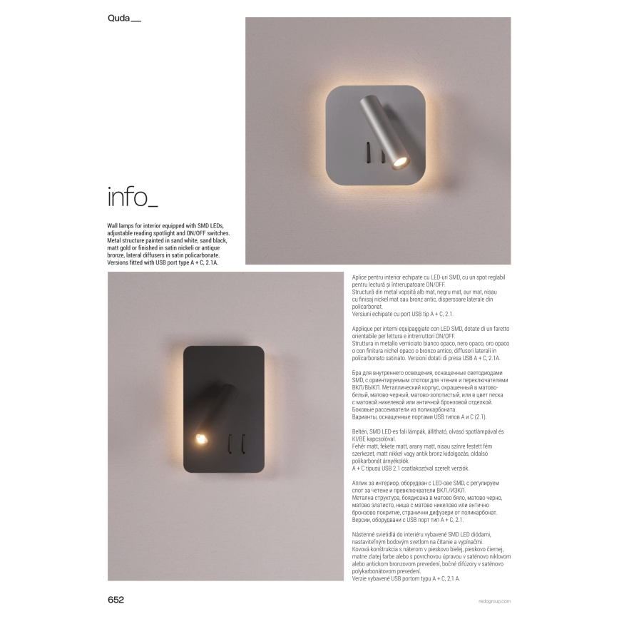 Redo 01-2977 - QUDA LED Wall Light LED/6W/230V + LED/3W 3000K CRI 90 USB Gold