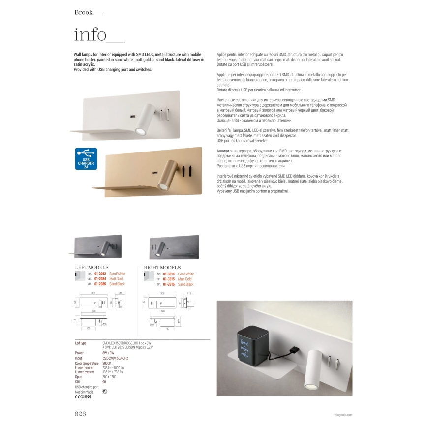 Redo 01-2985 - LED Wall spotlight BROOK LED/8W/230V + LED/3W USB CRI 90 black left