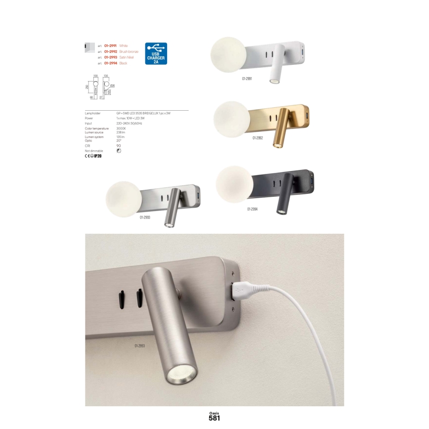 Redo 01-2993 - LED Wall Light OASIS LED/3W/230V + 1xG9/10W USB CRI 90 Polished Chrome