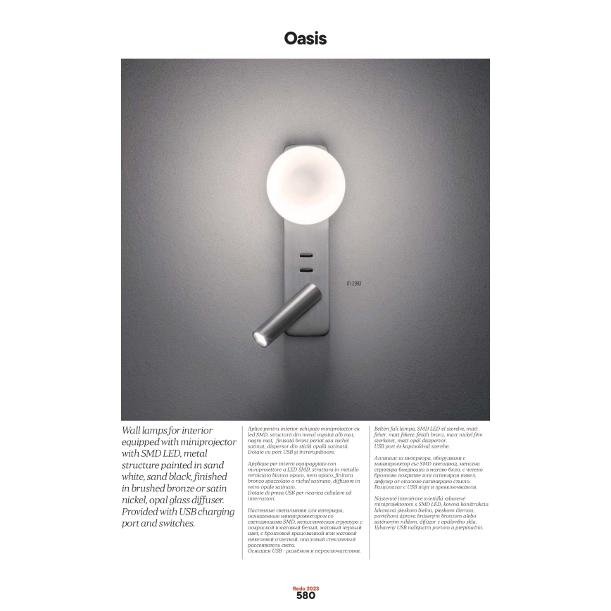 Redo 01-2994 - OASIS LED Wall Light LED/3W/230V + 1xG9/10W, USB, CRI 90, black