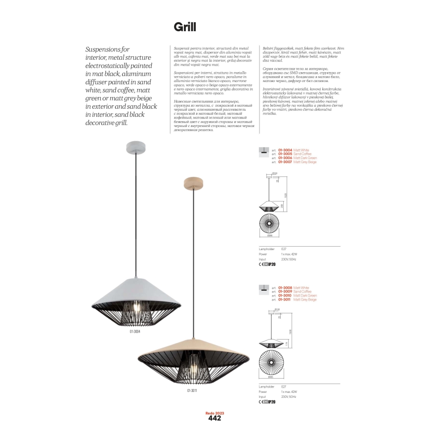 Redo 01-3007 - GRILL cable-hung pendant lamp 1xE27/42W/230V Ø 39,6 cm black/beige