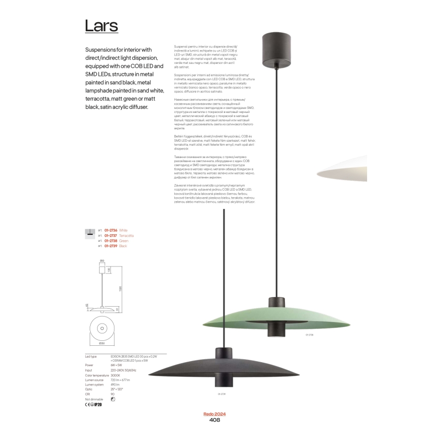 Redo 01-3018 - LARS LED pendant on cable LED/14W/230V + LED/10W dia. 60 cm CRI 90 white