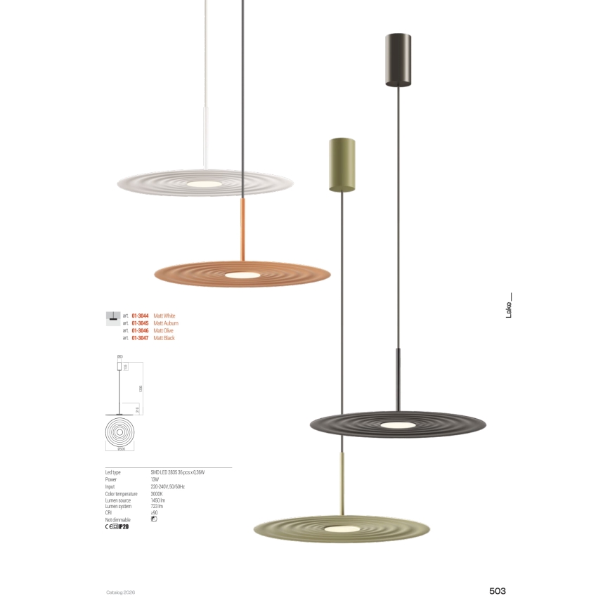 Redo 01-3044 - LED Cable Pendant LAKE LED/13W/230V CRI 90 Ø 50 cm White