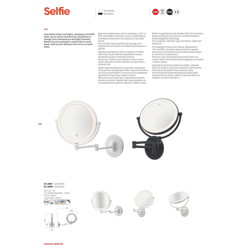 Redo 01-3087 - LED Dimmable touch cosmetic mirror SELFIE LED/7W/230V 3000/4000/6000K white