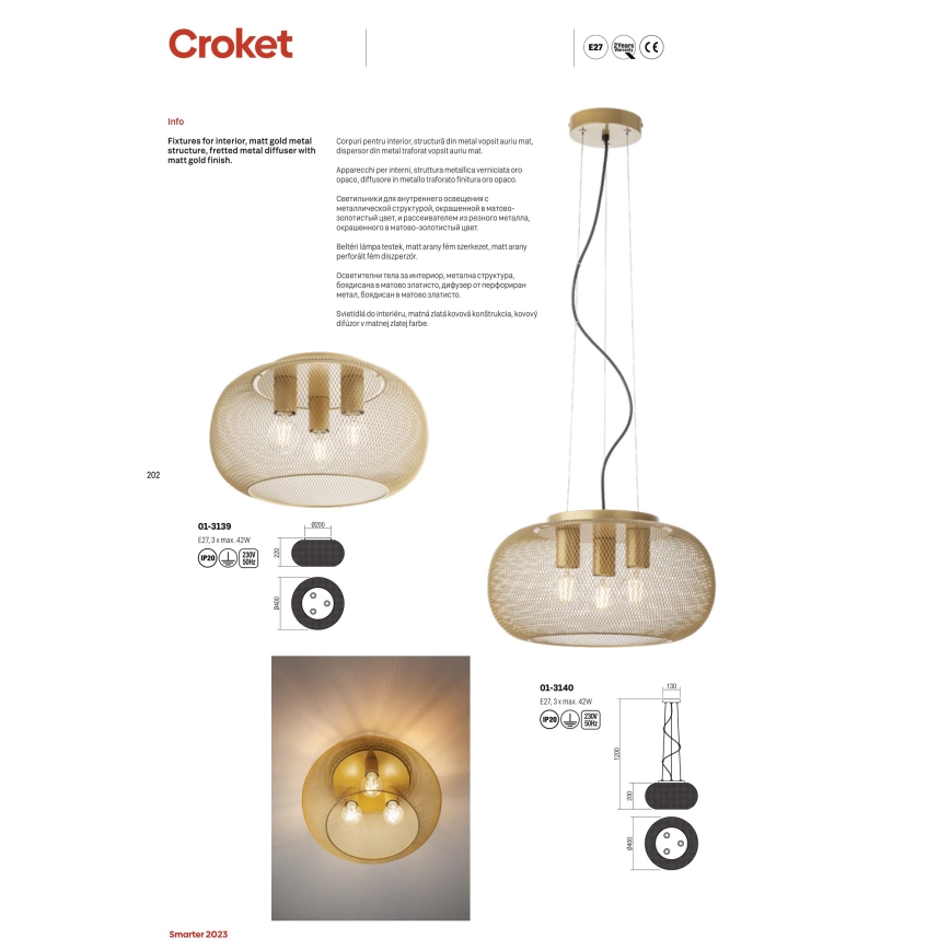 Redo 01-3139 - Ceiling light CROKET 3xE27/42W/230V d. 40 cm gold