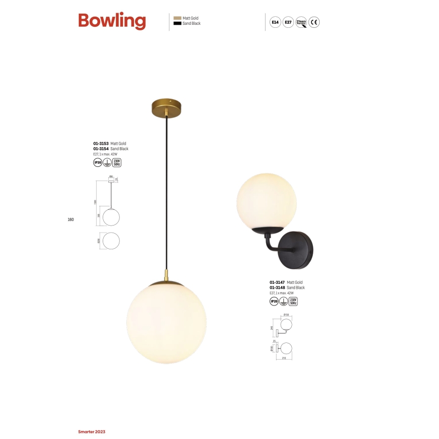 Redo 01-3148 - Wall light BOWLING 1xE27/42W/230V black