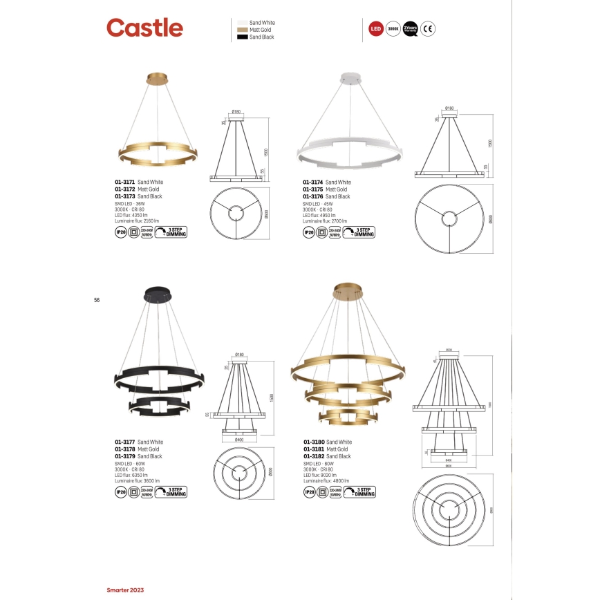 Redo 01-3172 - LED Dimmable chandelier on a string CASTLE LED/36W/230V gold